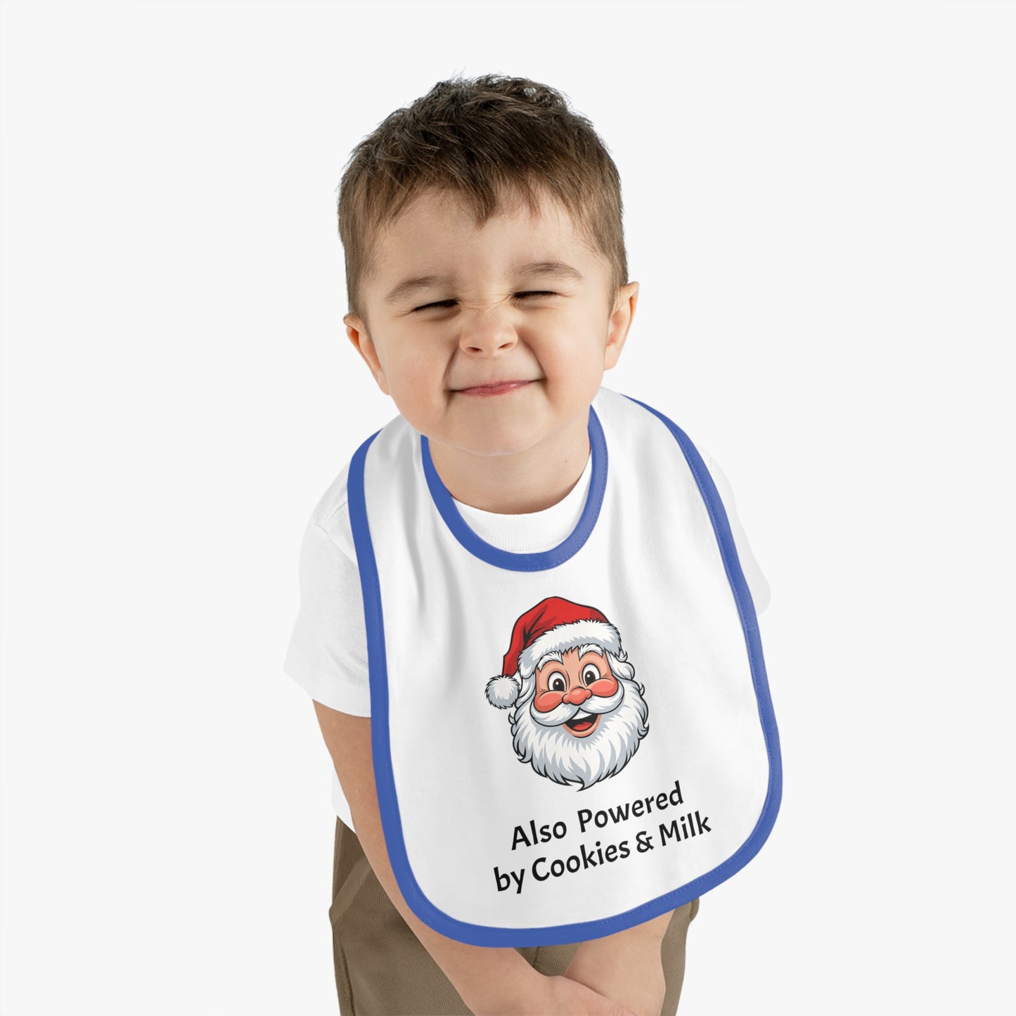 Also Powered by Cookies & Milk - Baby Bib with Santa Design, Baby Shower Gift, Holiday Bib, Fun Feeding Accessory, Perfect for Santa Lovers