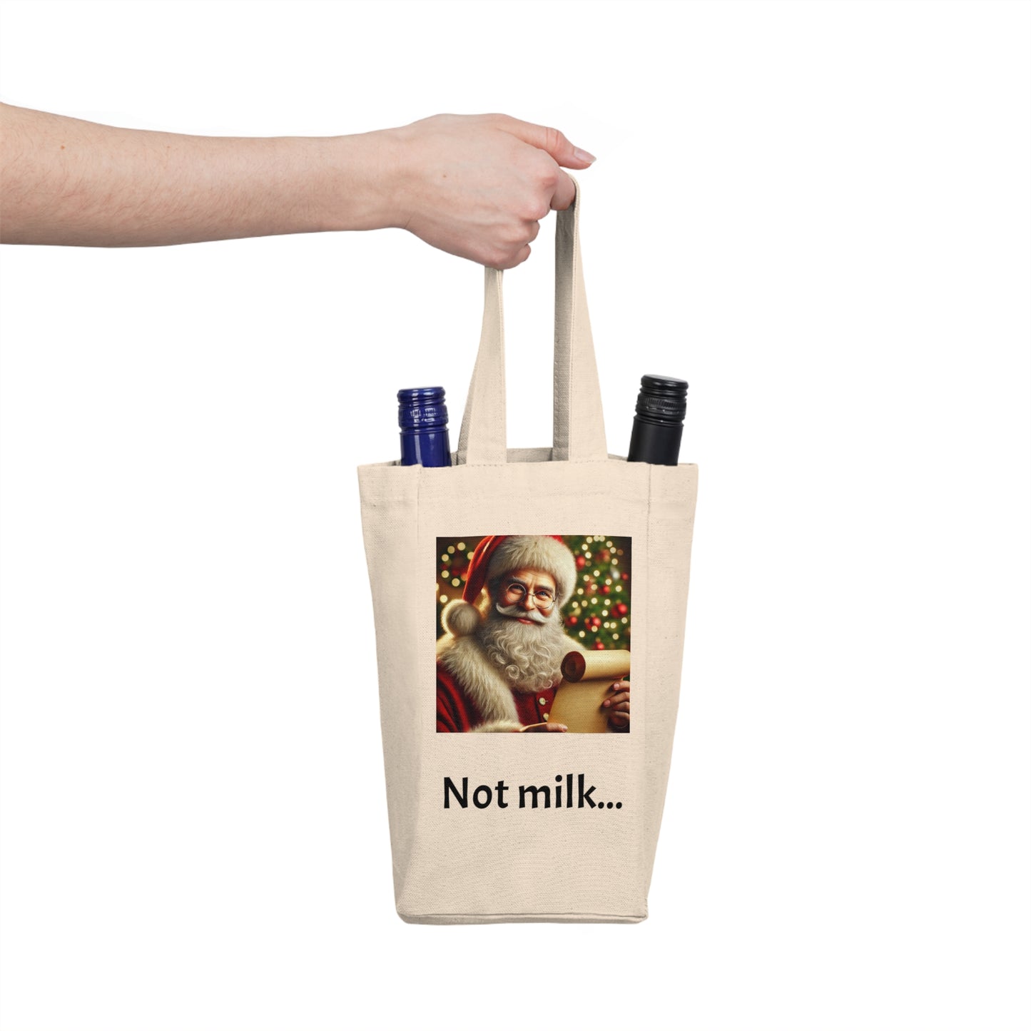 Not Milk - Festive Double Wine Tote Bag, Santa Holiday Gift, Christmas Wine Carrier, Not Milk Funny Gift, Wine Lover's Accessory