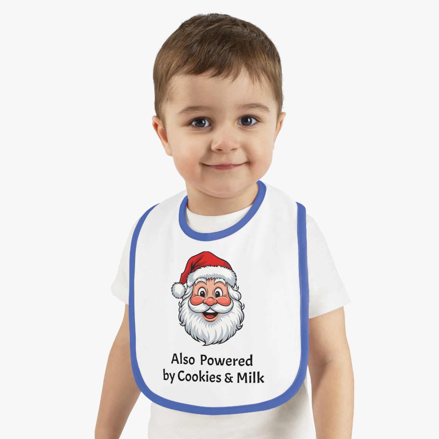 Also Powered by Cookies & Milk - Baby Bib with Santa Design, Baby Shower Gift, Holiday Bib, Fun Feeding Accessory, Perfect for Santa Lovers