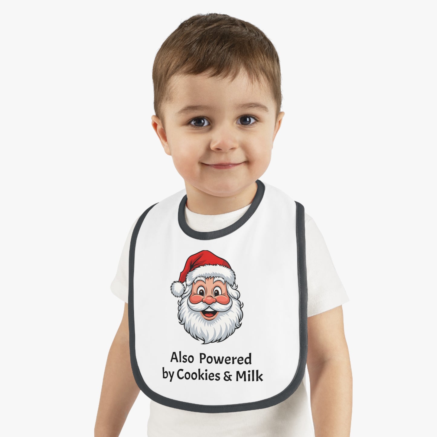 Also Powered by Cookies & Milk - Baby Bib with Santa Design, Baby Shower Gift, Holiday Bib, Fun Feeding Accessory, Perfect for Santa Lovers