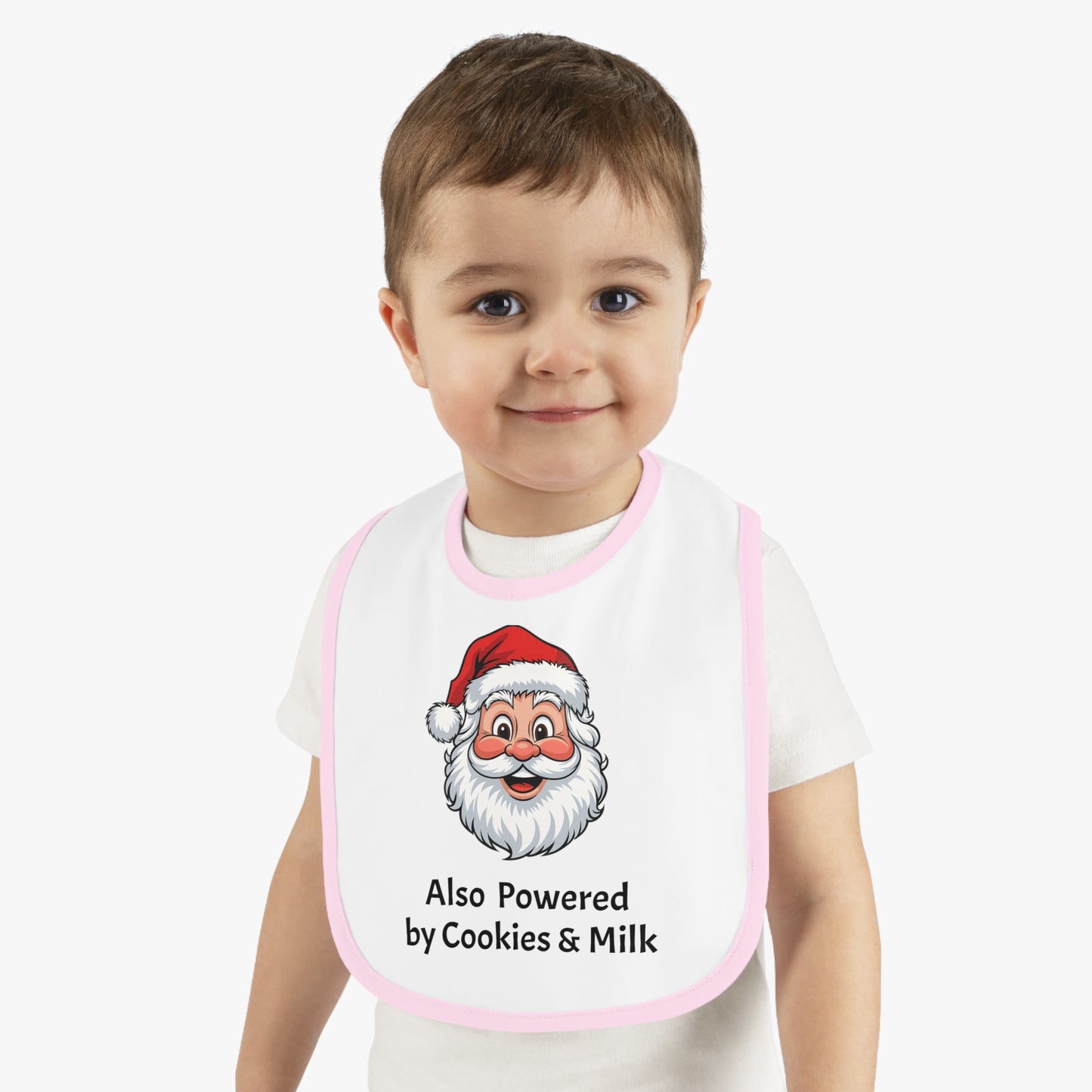 Also Powered by Cookies & Milk - Baby Bib with Santa Design, Baby Shower Gift, Holiday Bib, Fun Feeding Accessory, Perfect for Santa Lovers
