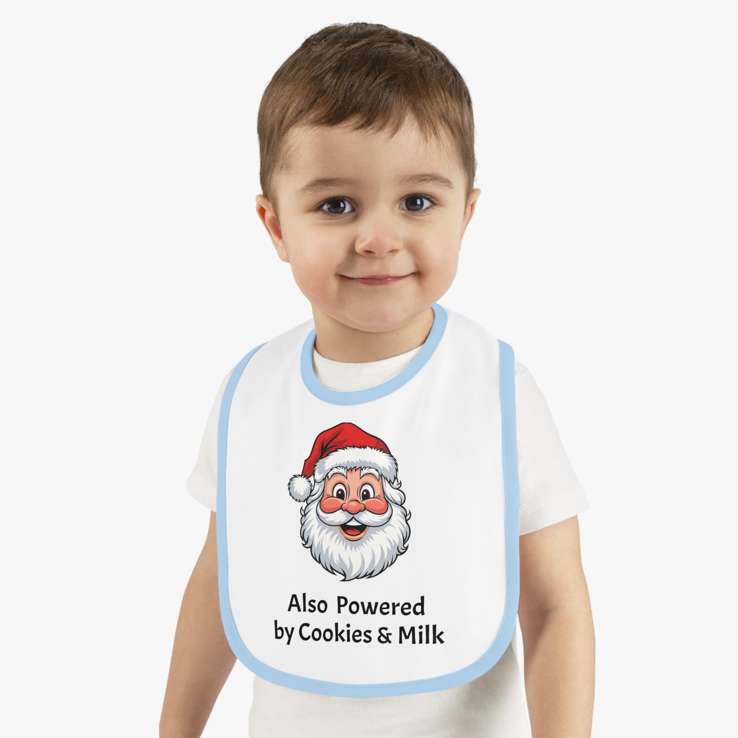 Also Powered by Cookies & Milk - Baby Bib with Santa Design, Baby Shower Gift, Holiday Bib, Fun Feeding Accessory, Perfect for Santa Lovers