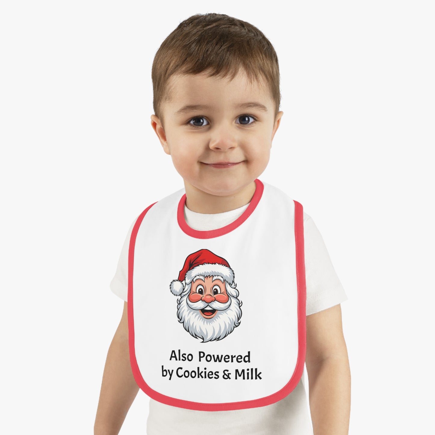 Also Powered by Cookies & Milk - Baby Bib with Santa Design, Baby Shower Gift, Holiday Bib, Fun Feeding Accessory, Perfect for Santa Lovers