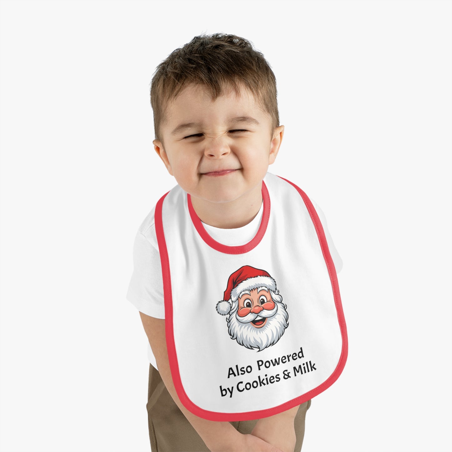 Also Powered by Cookies & Milk - Baby Bib with Santa Design, Baby Shower Gift, Holiday Bib, Fun Feeding Accessory, Perfect for Santa Lovers