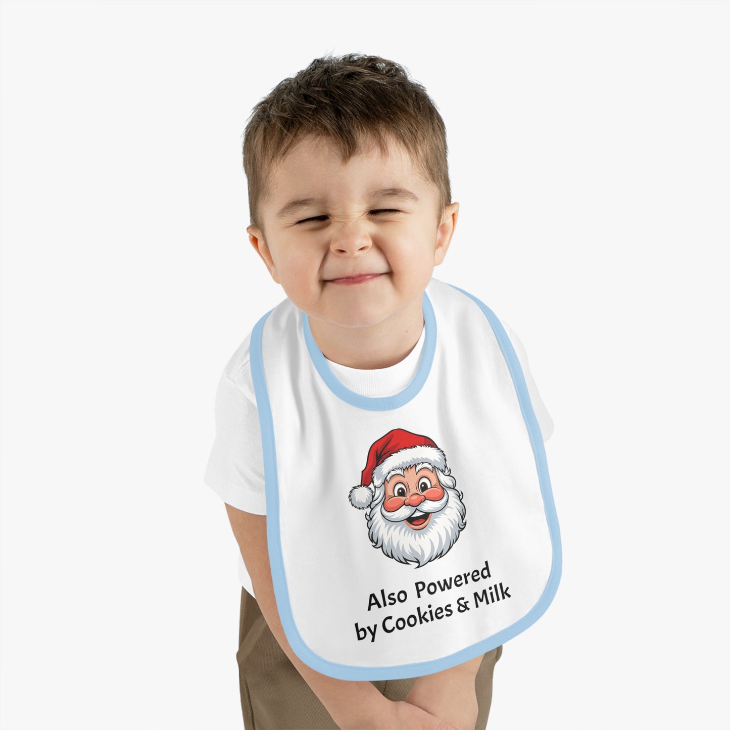 Also Powered by Cookies & Milk - Baby Bib with Santa Design, Baby Shower Gift, Holiday Bib, Fun Feeding Accessory, Perfect for Santa Lovers