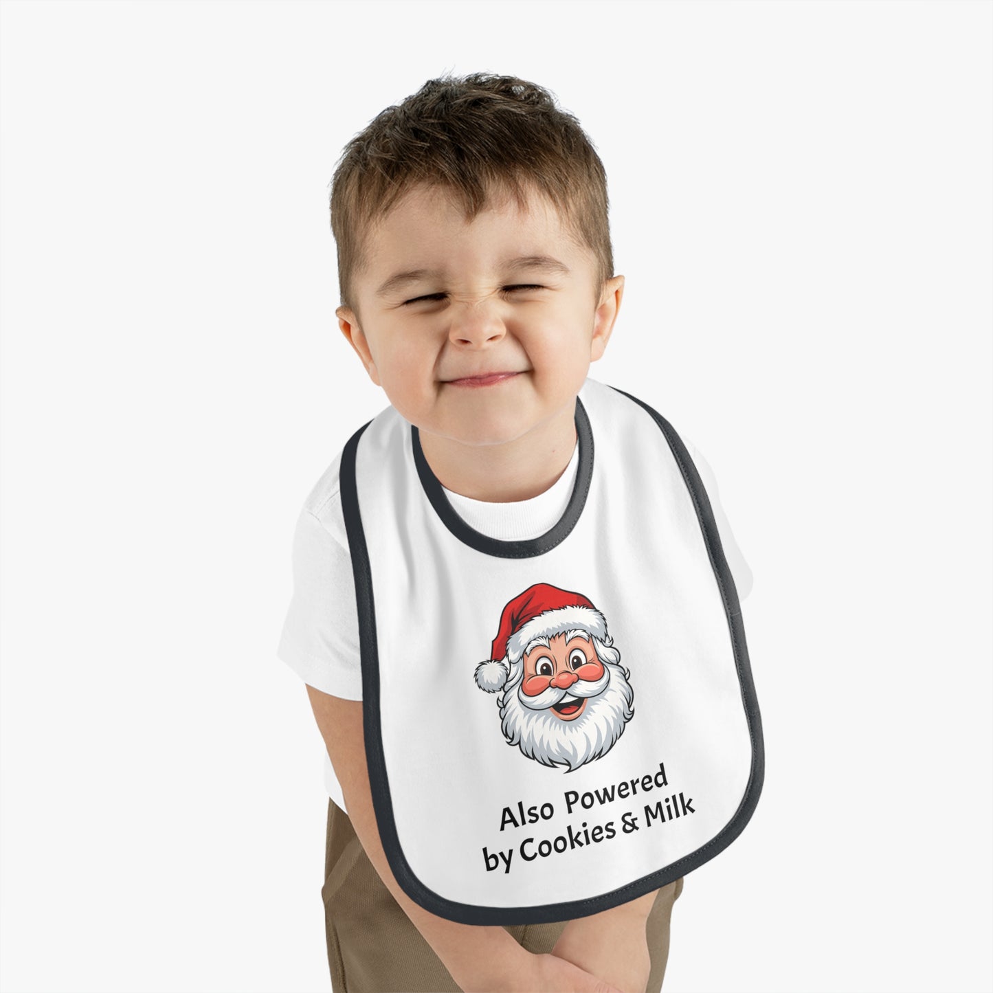 Also Powered by Cookies & Milk - Baby Bib with Santa Design, Baby Shower Gift, Holiday Bib, Fun Feeding Accessory, Perfect for Santa Lovers