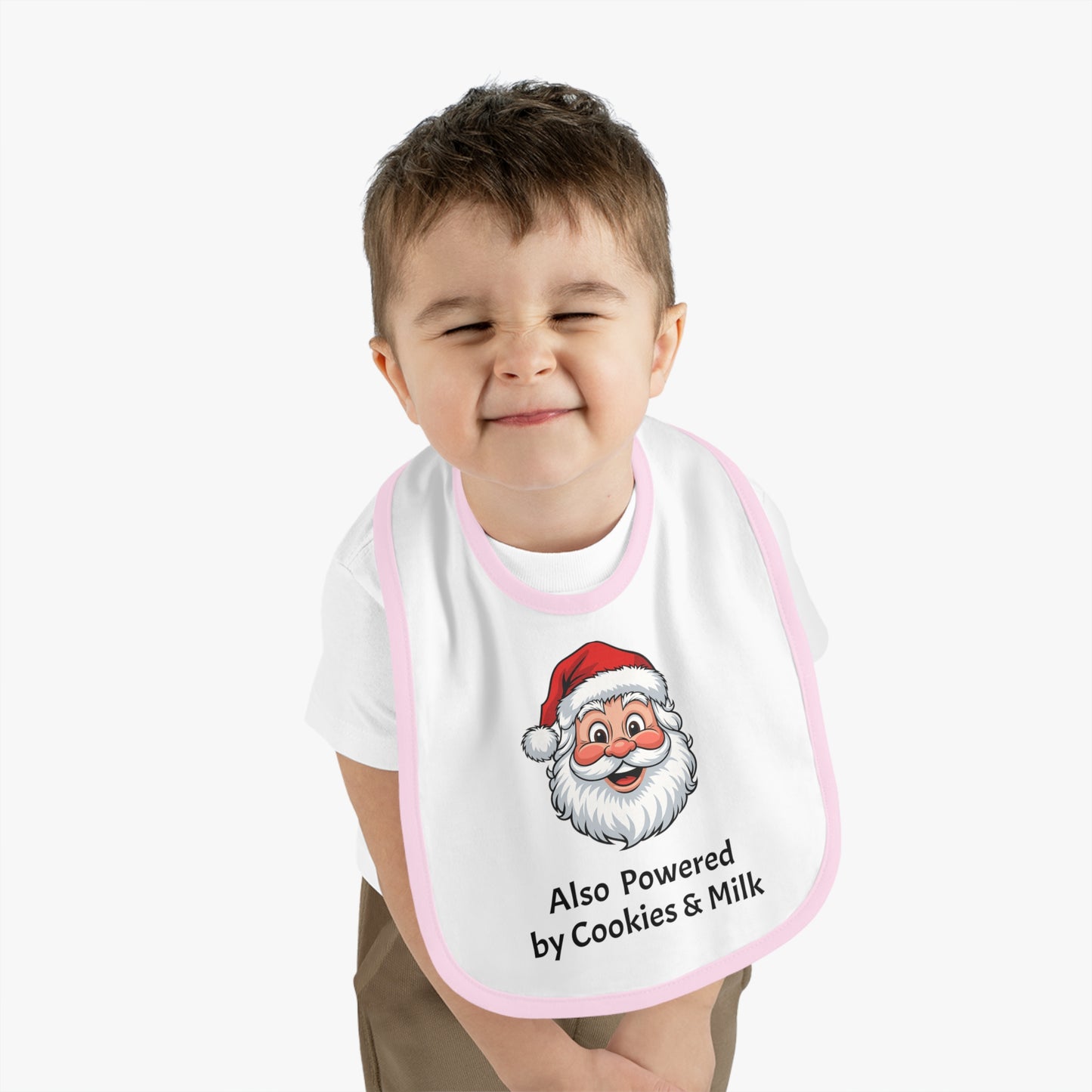 Also Powered by Cookies & Milk - Baby Bib with Santa Design, Baby Shower Gift, Holiday Bib, Fun Feeding Accessory, Perfect for Santa Lovers
